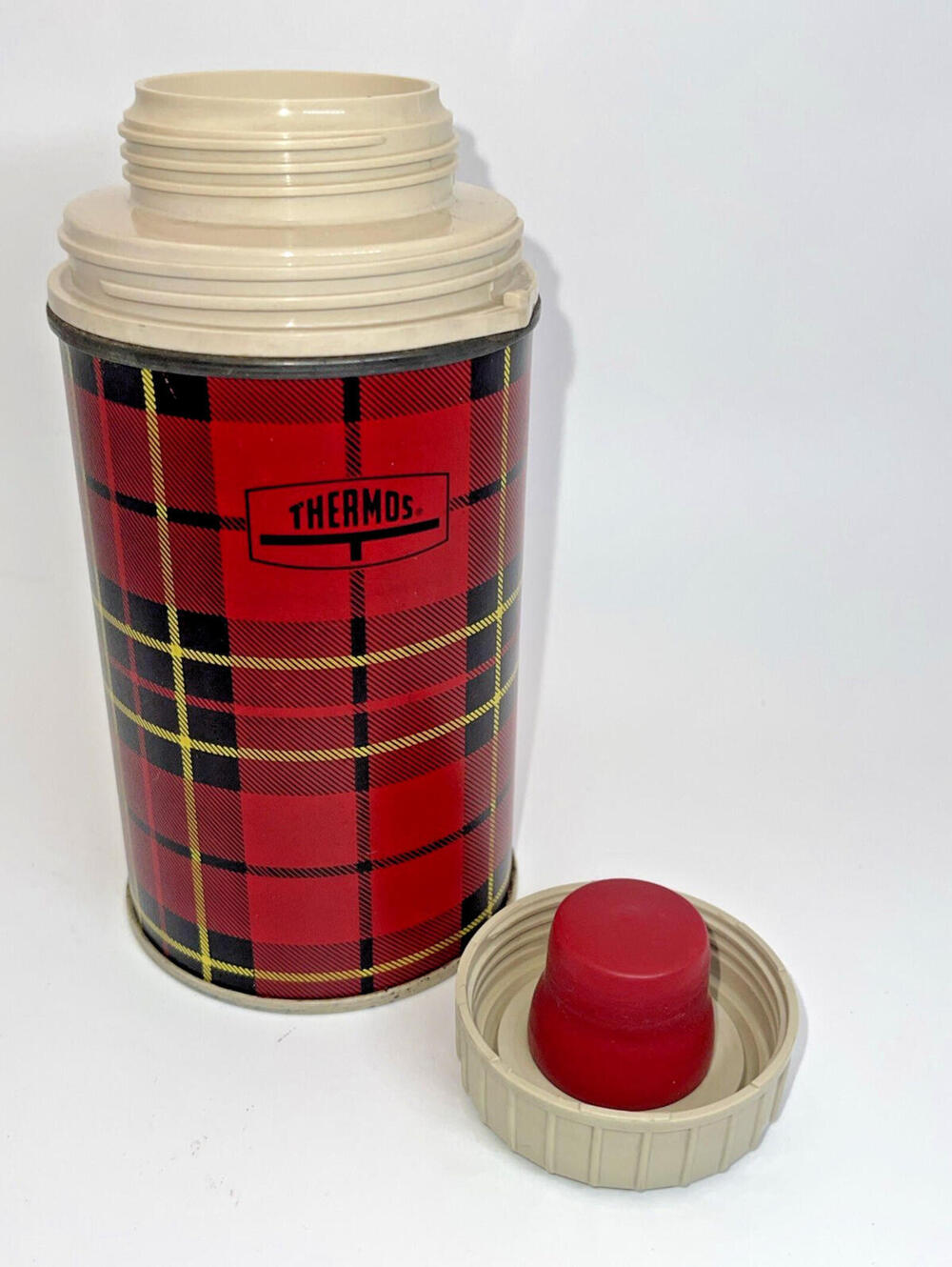 Vintage 1960s Thermos Red Black Vacuum Bottle, Stopper